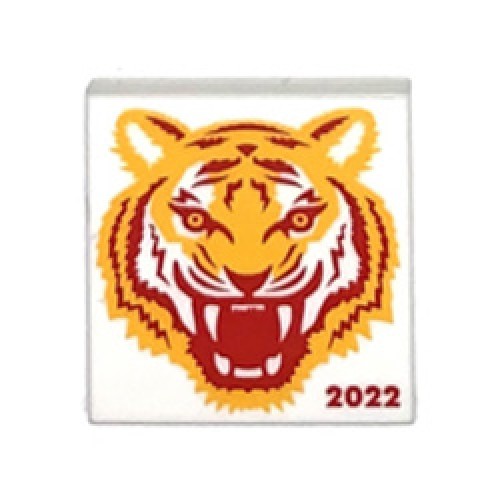 Flat Tile 2x2 with Orange Roaring Tiger Head and 2022 White