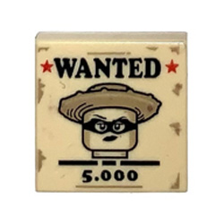 Flat Tile 2x2 with 'WANTED', '5.000' and Lego Masked Head with Hat Brick Yellow
