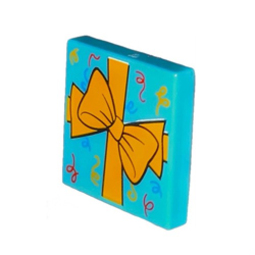 Flat Tile 2x2 with Present with Bowed Ribbon Medium Azur