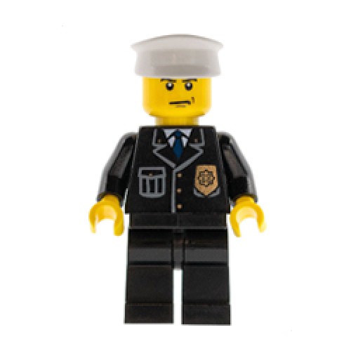 City Suit Police in Bright Blue Tie and Badge with White Hat Minifigure