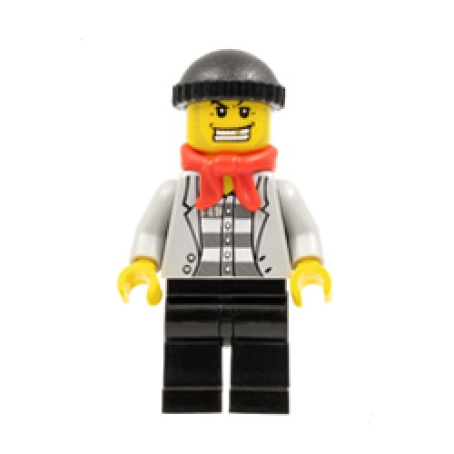Prisoner in Jacket over Prison Stripes and Black Knit Cap and Gold Tooth and Bandana Minifigure Prisoner in Jacket over Prison Stripes and Black Knit Cap and Gold Tooth and Bandana Minifigure