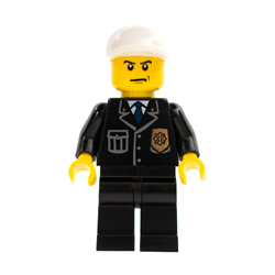 Police in Suit with Bright Blue Tie and Badge and White Short Bill Cap, Scowl Minifigure