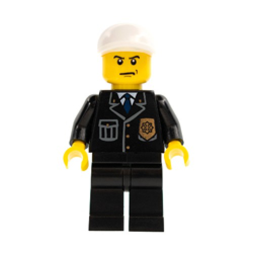 Police in Suit with Bright Blue Tie and Badge and White Short Bill Cap, Scowl Minifigure Police in Suit with Bright Blue Tie and Badge and White Short Bill Cap, Scowl Minifigure