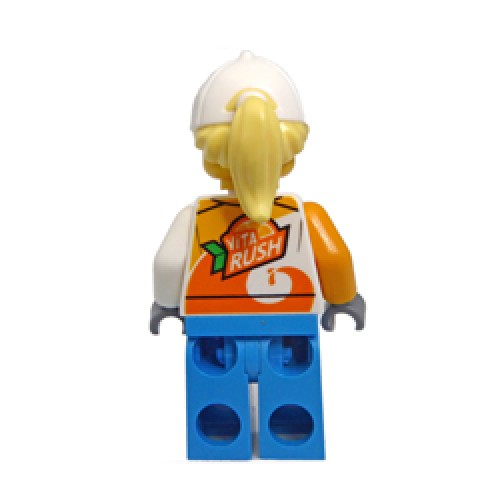 Female Stuntz Crew with White and Flame Yellowish Orange 'ViTA RUSH' Jacket with Ponytail Hair Minifigure