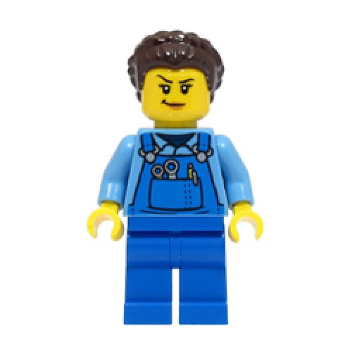 Female Stuntz Crew in Bright Blue Overalls over Medium Blue Shirt Minifigure Female Stuntz Crew in Bright Blue Overalls over Medium Blue Shirt Minifigure