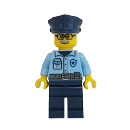 Male Police Officer in Light Royal Blue Uniform with Dark Stone Grey and Glasses Minifigure Male Police Officer in Light Royal Blue Uniform with Dark Stone Grey and Glasses Minifigure