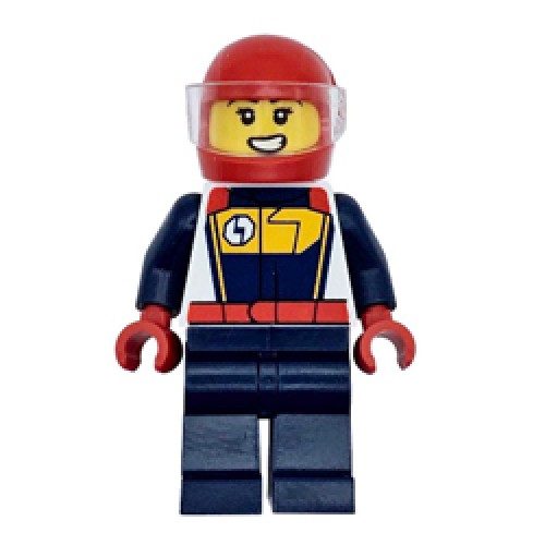 Female Race Car Driver with White and Earth Blue Racing Suit and Red Helmet Minifigure