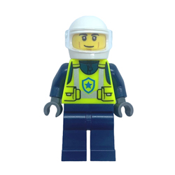 Male Police Officer in Vibrant Yellow Safety Vest and White Helmet Minifigure