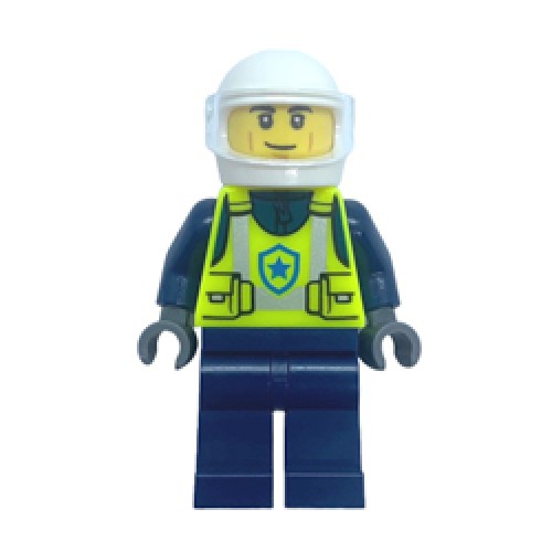 Male Police Officer in Vibrant Yellow Safety Vest and White Helmet Minifigure Male Police Officer in Vibrant Yellow Safety Vest and White Helmet Minifigure