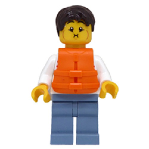 Male Sailboat Driver with White Sweater with Red Horizontal Stripes and Life Jacket Minifigure