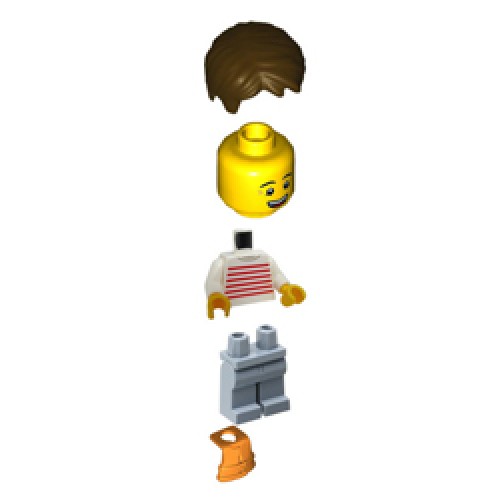 Male Sailboat Driver with White Sweater with Red Horizontal Stripes and Life Jacket Minifigure
