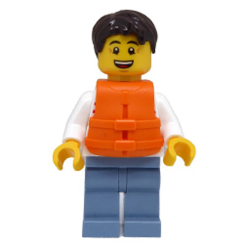 Male Sailboat Driver with White Sweater with Red Horizontal Stripes and Life Jacket Minifigure