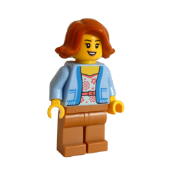 Female Bus Passenger in Light Royal Blue Jacket over White Shirt with Vibrant Coral Flowers Minifigure
