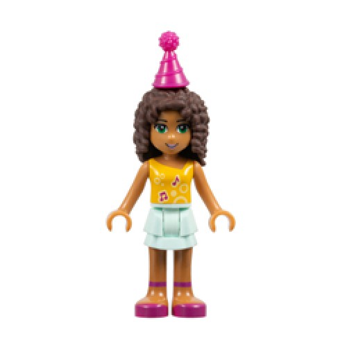 Andrea with Aqua Layered Skirt and Flame Yellowish Orange Top with Music Notes Minifigure Andrea with Aqua Layered Skirt and Flame Yellowish Orange Top with Music Notes Minifigure