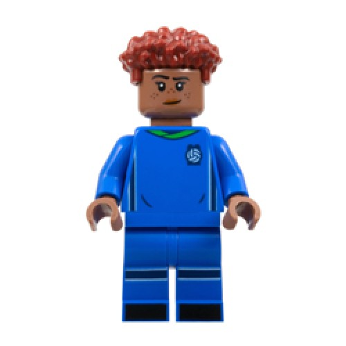 Female Soccer Player in Bright Blue Uniform, Medium Brown Skin, Dark Red Hair Minifigure