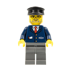 Train Conductor in Earth Blue Suit with Train Logo with Black Hat Minifigure