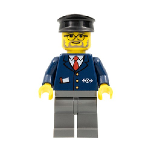 Train Conductor in Earth Blue Suit with Train Logo with Black Hat Minifigure
